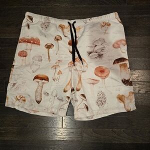 Mushroom Print Swim Shorts with Mesh, Drawstring, Pockets - SZ Medium